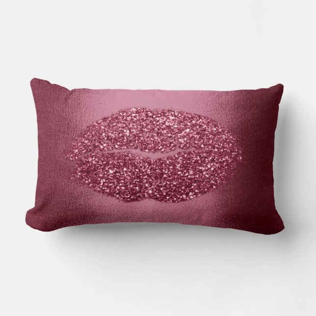 Lips Glitter Maroon Red Burgundy  Makeup Kiss Lumbar Cushion (Front)