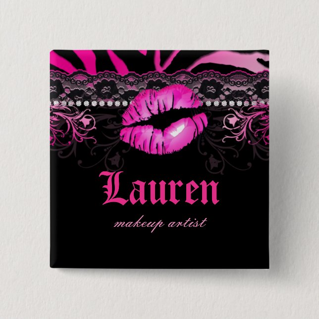Lips Lace n Diamonds Zebra Makeup Artist Pink 15 Cm Square Badge (Front)