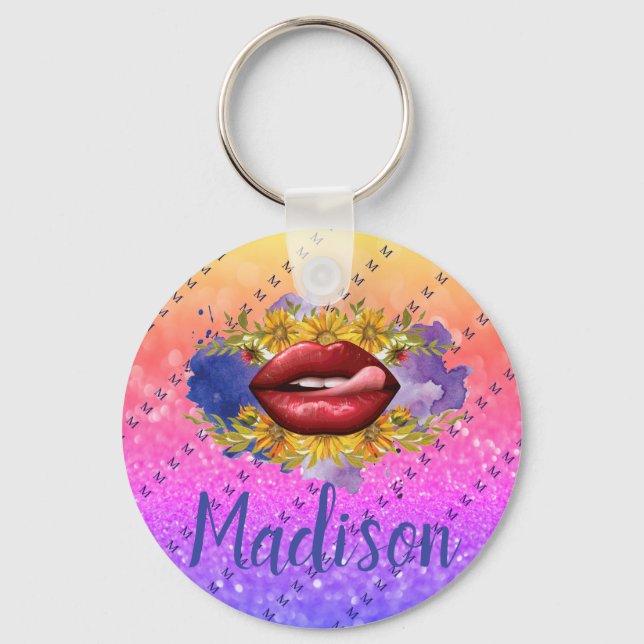 Lips Licking Custom Glitter Name Personalised Key Ring (Front)