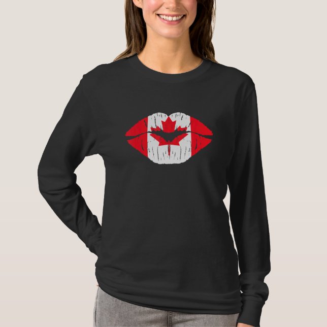 Lips & Maple Leaf Canadian Flag Happy Canada Day W T-Shirt (Front)