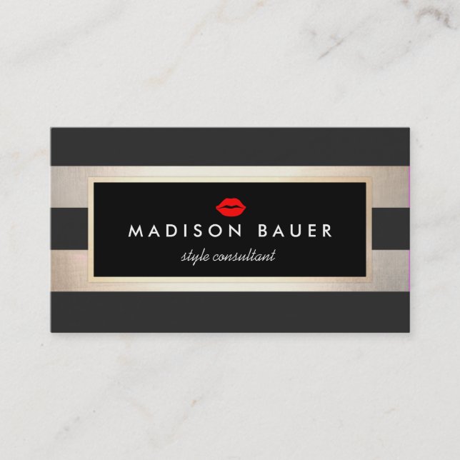 Lips on Modern Striped Black and FAUX Gold Salon Business Card (Front)