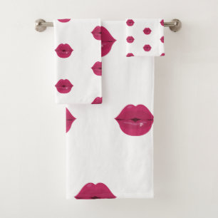 Lips Shower Curtain Pink Kiss Lipstick Bath Towel Set