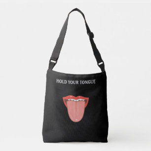 Lips with teeth and tongue sticking out on black crossbody bag