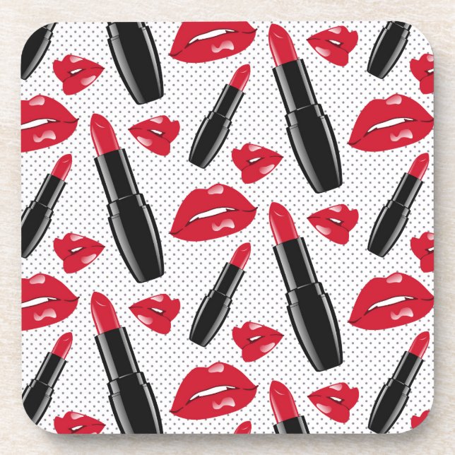 Lipstick And Lips Polka Dot Pattern Coaster (Front)