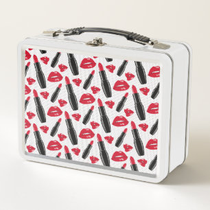 Lipstick And Lips Polka Dot Pattern Metal Lunch Box