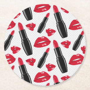 Lipstick And Lips Polka Dot Pattern Round Paper Coaster