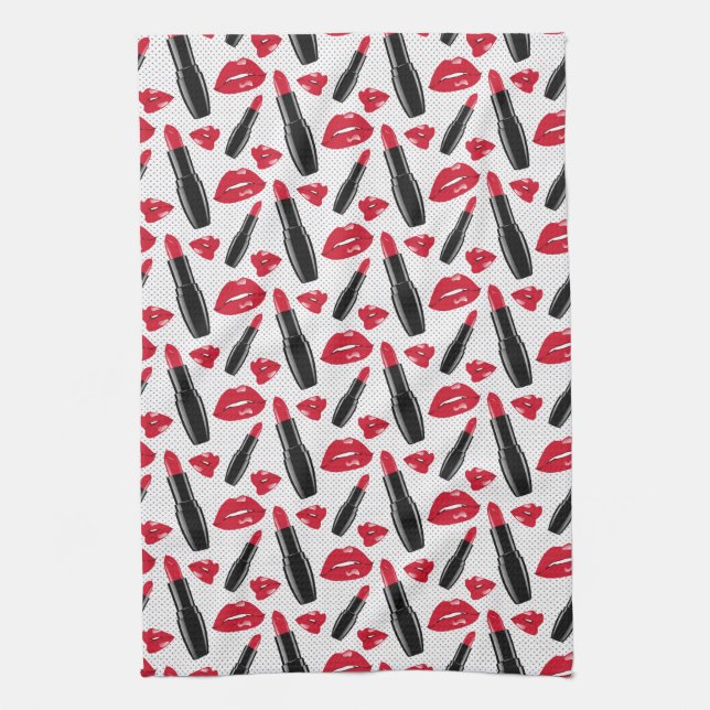 Lipstick And Lips Polka Dot Pattern Tea Towel (Vertical)