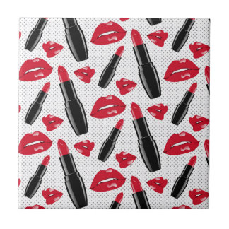Lipstick And Lips Polka Dot Pattern Tile