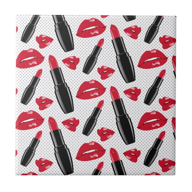 Lipstick And Lips Polka Dot Pattern Tile (Front)