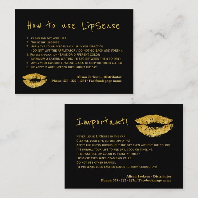 Lipstick distributor glam application instructions business card (Front/Back)