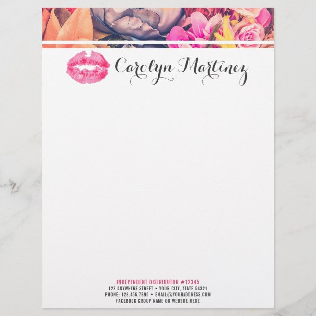 Lipstick Distributor Marketing Floral Kiss Lips Personalized Letterhead (Front)