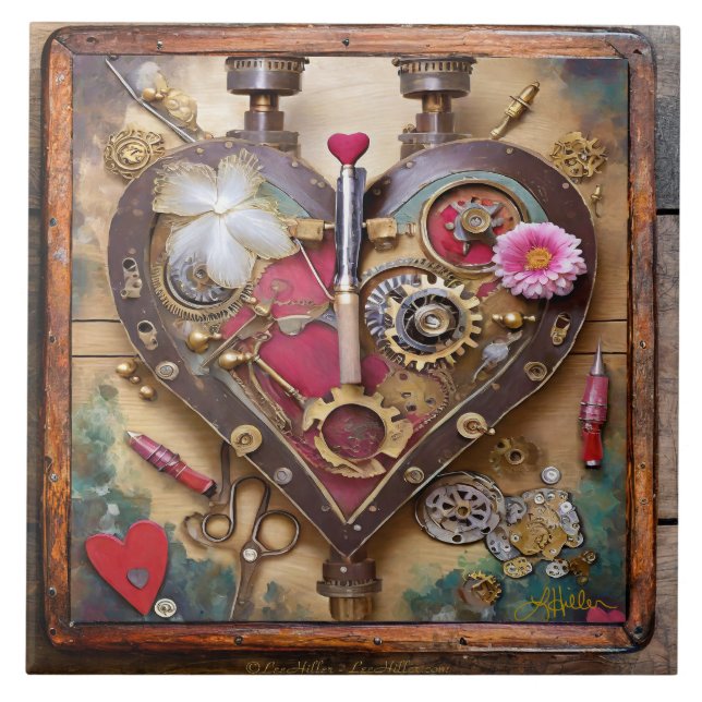 Lipstick Flowers Heart Steampunk Series Tile (Front)