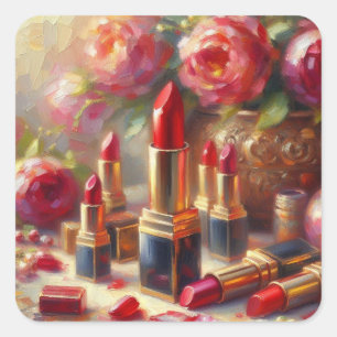 Lipstick & Flowers Impressionistic Painting Square Sticker