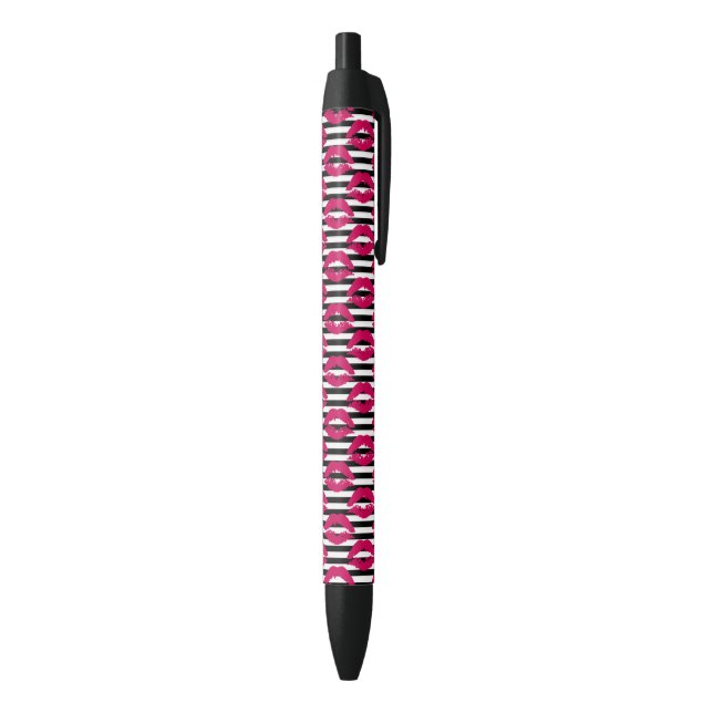 Lipstick Kiss B&W Striped Pattern Black Ink Pen (Bottom (Vertical))