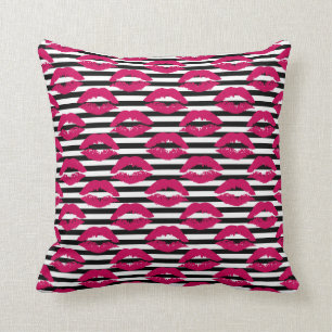 Lipstick Kiss B&W Striped Pattern Cushion