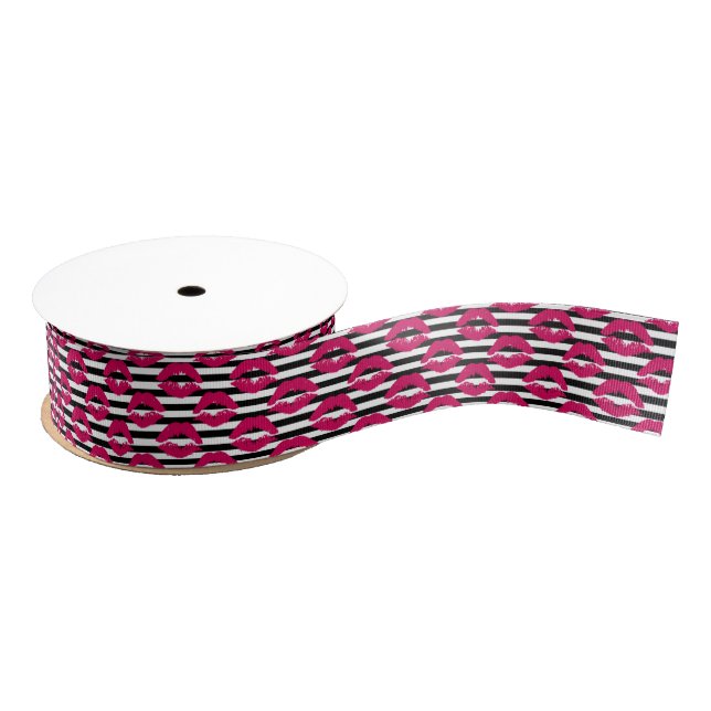 Lipstick Kiss B&W Striped Pattern Grosgrain Ribbon (Spool)