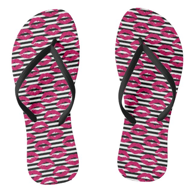 Lipstick Kiss B&W Striped Pattern Jandals (Footbed)