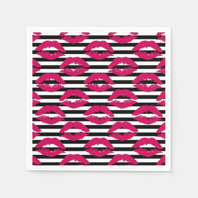 Lipstick Kiss B&W Striped Pattern Napkin (Front)