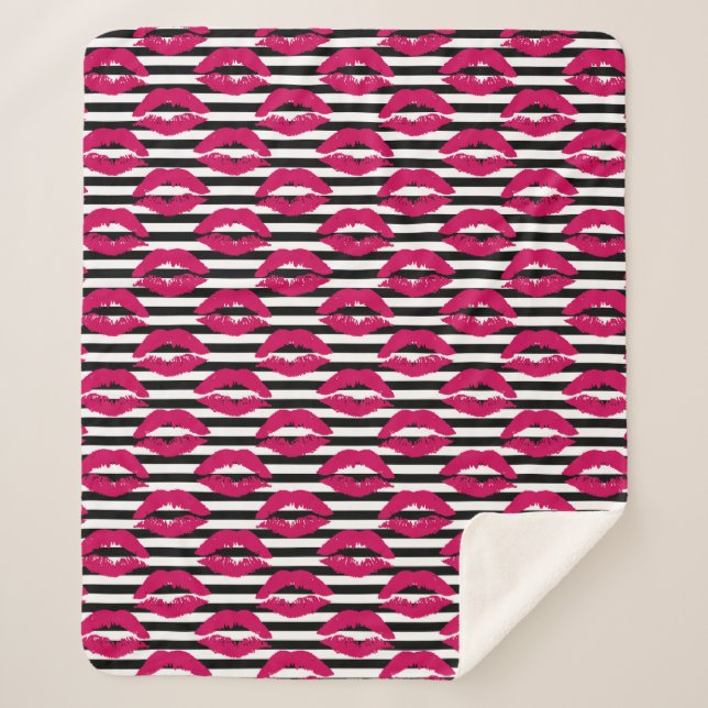Lipstick Kiss B&W Striped Pattern Sherpa Blanket (Front)