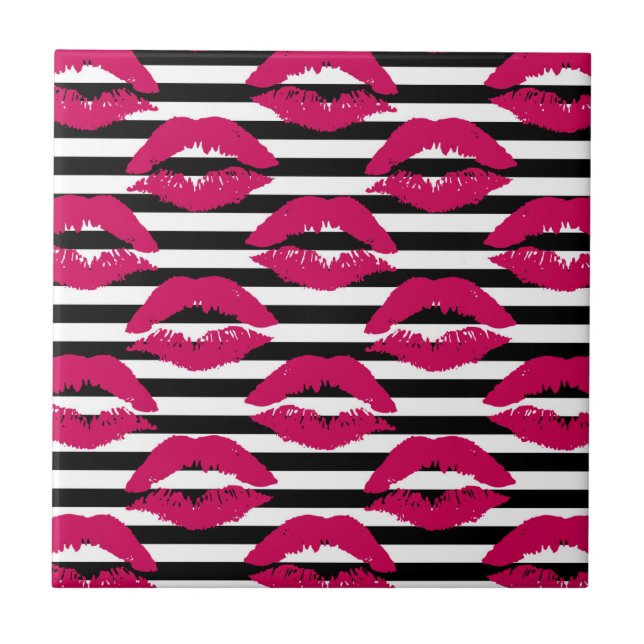 Lipstick Kiss B&W Striped Pattern Tile (Front)