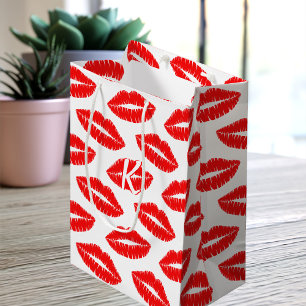 Lipstick Kiss Pattern Red and White Monogrammed Medium Gift Bag