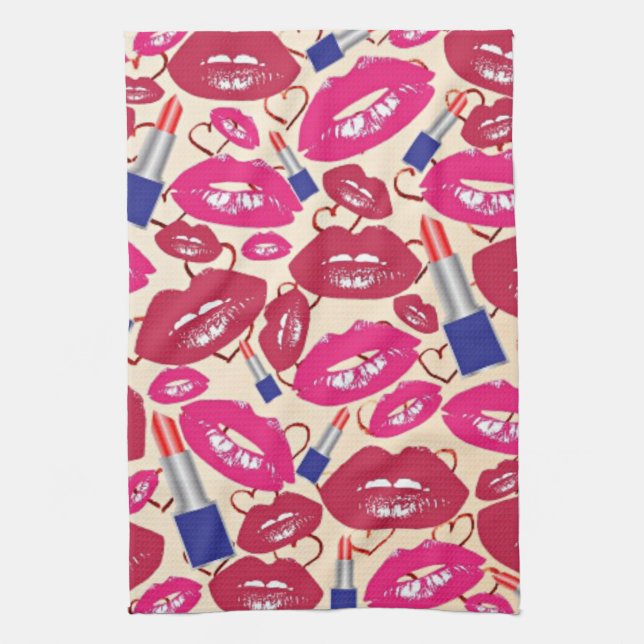 Lipstick Kiss Pattern Tea Towel (Vertical)