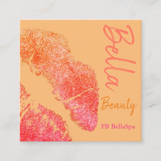 Lipstick kiss print pink peach orange beauty spa square business card (Front)