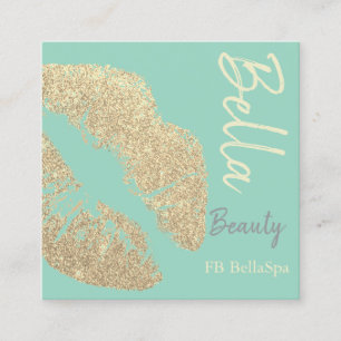 Lipstick kiss print teal gold gray beauty spa square business card