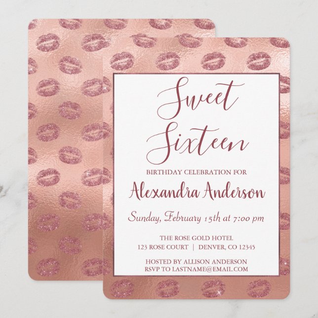 Lipstick Kisses Rose Gold Sweet Sixteen Birthday Invitation (Front/Back)