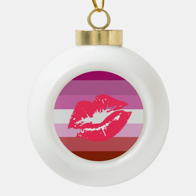 Lipstick Lesbian Pride Flag Ceramic Ball Christmas Ornament (Front)