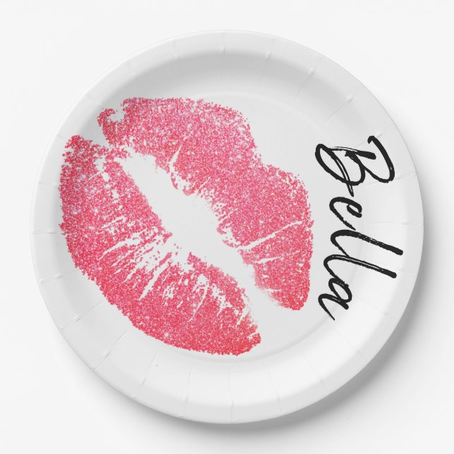 Lipstick print pink lip stain black white cute  paper plate (Front)