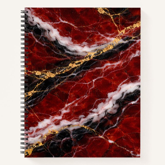 Lipstick Red Marble with Black, White & Gold Veins Notebook (Front)