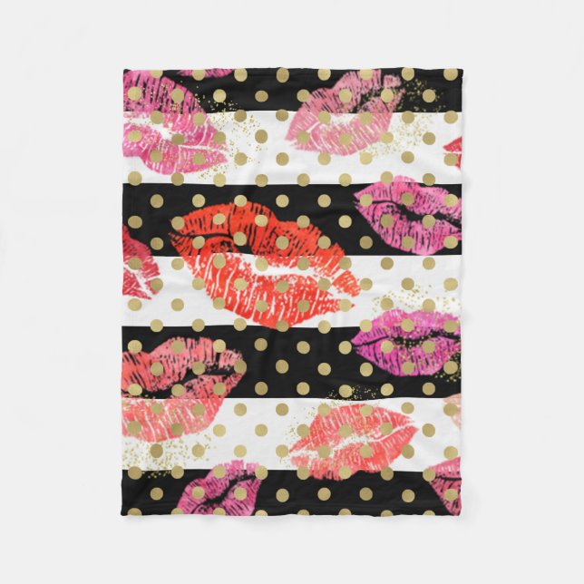 Lipstick Stains Lips Kisses with Stripes Gold Dots Fleece Blanket (Front)