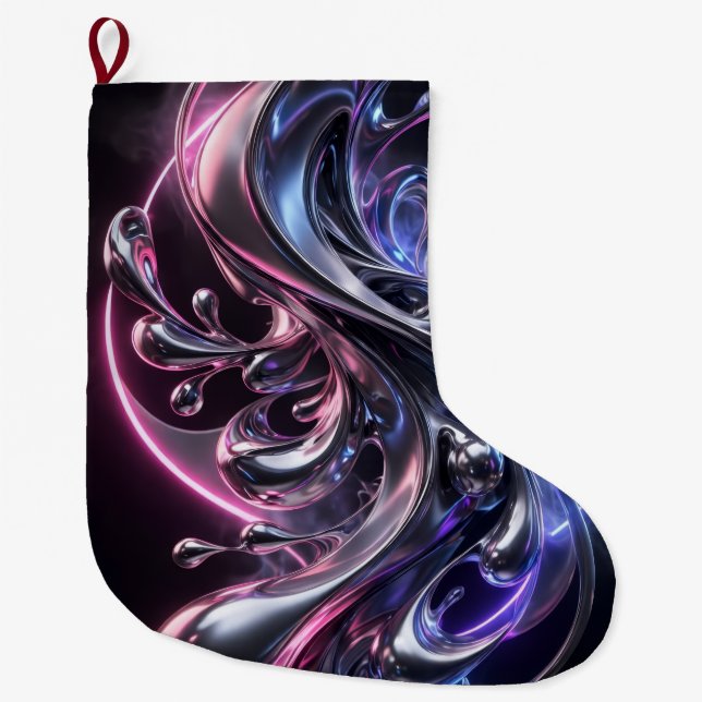 Liquid Chrome Flow - Futuristic Abstract 3D Art Large Christmas Stocking (Front)