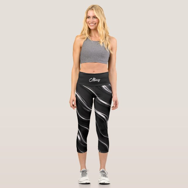 Liquid Chrome Motion Pattern | Futuristic Women’s  Capri Leggings (Front)