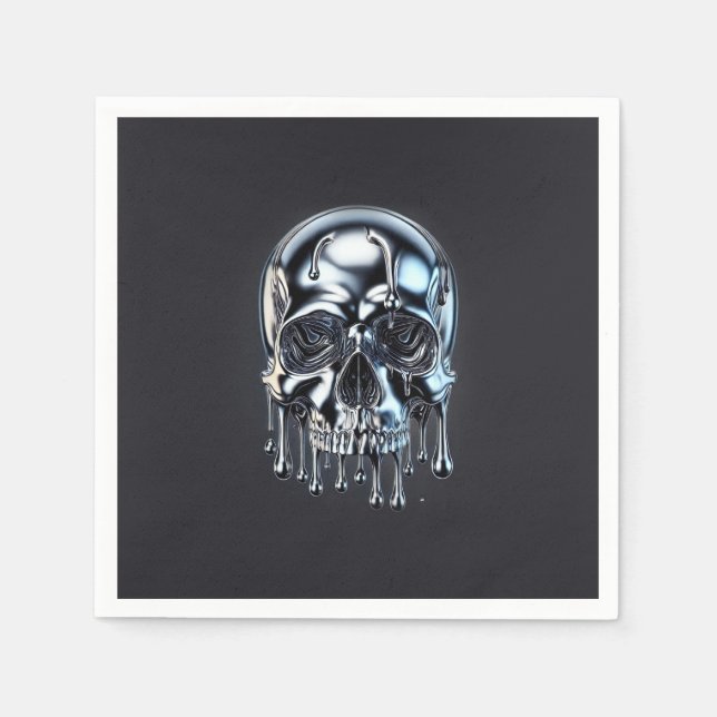 Liquid Chrome Silver Drip Skull Halloween Party Napkin (Front)