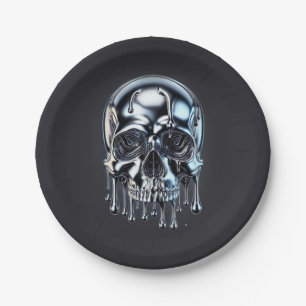 Liquid Chrome Silver Drip Skull Halloween Party Paper Plate