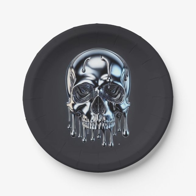 Liquid Chrome Silver Drip Skull Halloween Party Paper Plate (Front)