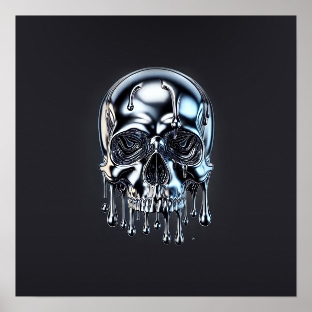 Liquid Chrome Silver Drip Skull Halloween Party Poster (Front)