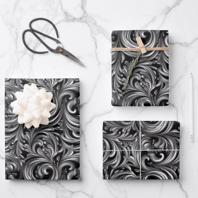 Liquid Elegance - Metallic Black liquid pattern Wrapping Paper Sheet (Front)