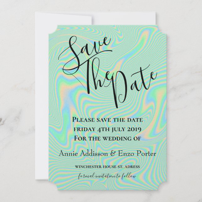 Liquid Faux Green Holographic Texture Save The Date (Front)