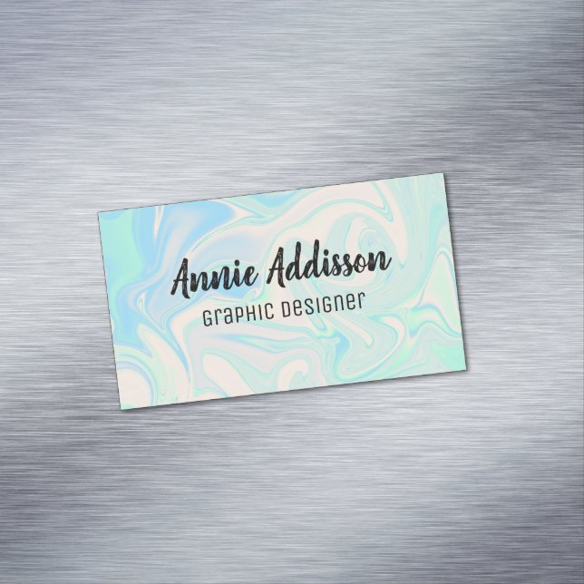 Liquid faux holographic iridescent texture magnetic business card (In Situ)
