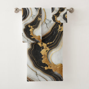 Liquid Gold Black White Marble Look Glam  Bath Towel Set