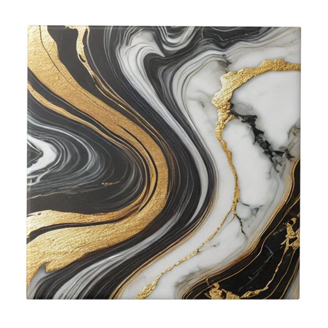 Liquid Gold Black White Marble Look Glam Wedding  Tile (Front)