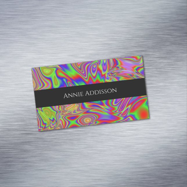Liquid iridescent rainbow texture magnetic business card (In Situ)