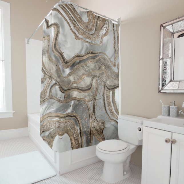 Liquid marble - pearl and gold shower curtain (In Situ)