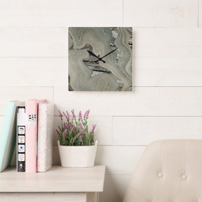Liquid Marble Wave Glitter Glam 1 Square Wall Clock (Reading Room)