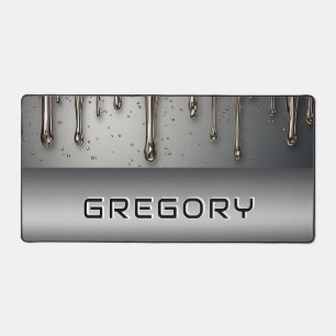 Liquid Metal Dripping Over Silver Chrome Surface Desk Mat