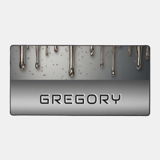 Liquid Metal Dripping Over Silver Chrome Surface Desk Mat (Front)