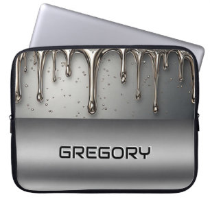 Liquid Metal Dripping Over Silver Chrome Surface Laptop Sleeve